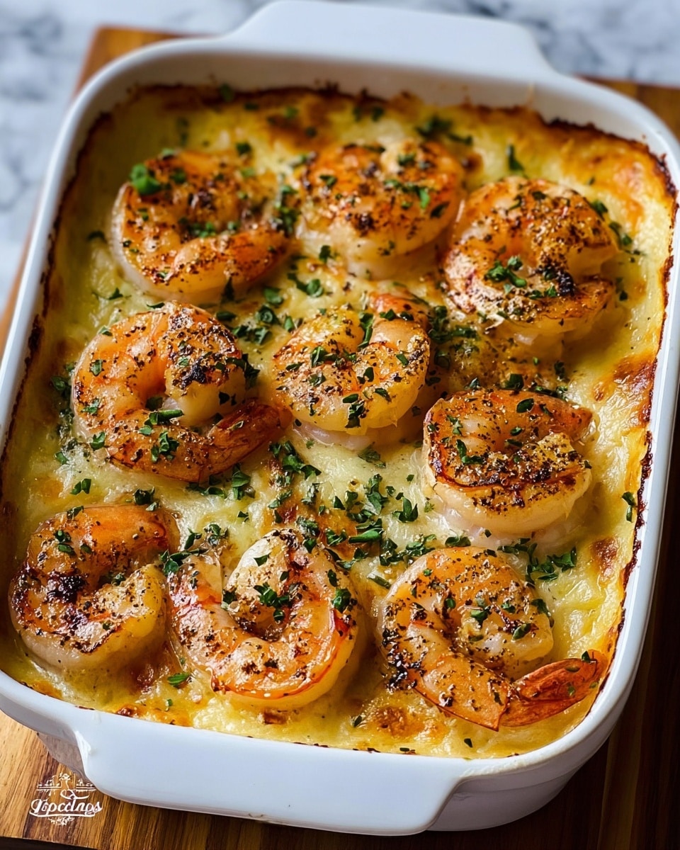 The image shows a white rectangular baking dish filled with a layered shrimp casserole. The bottom layer looks creamy and light yellow, possibly a cheese or sauce base. On top, there are large, golden-brown grilled shrimp, each one curled and having visible grill marks and specks of seasoning. Scattered over the shrimp are small green herb flakes adding a fresh color contrast. The edges of the dish show some browning from baking, and the dish sits on a wooden surface with a white marbled background. Photo taken with an iphone --ar 4:5 --v 7