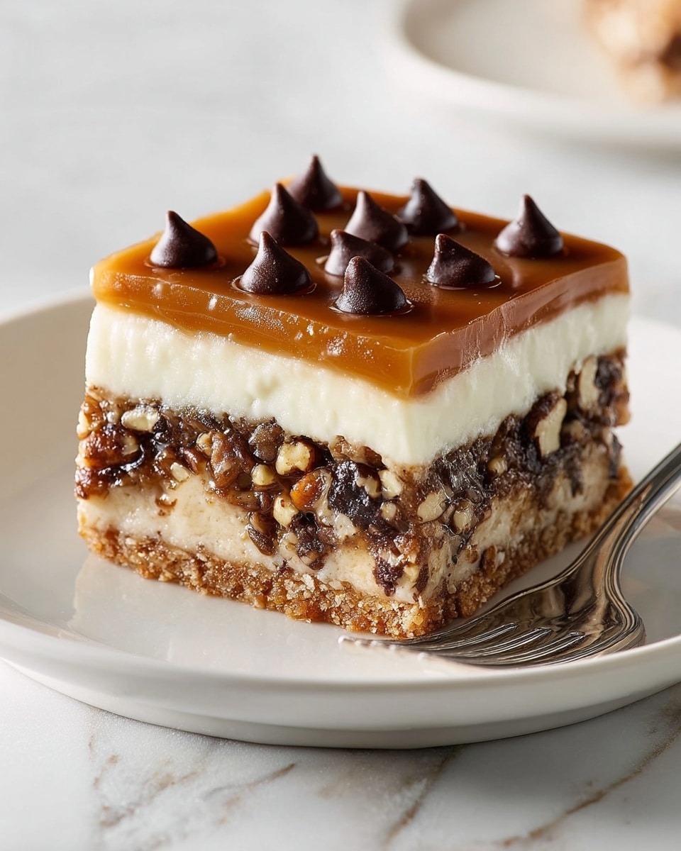 A square dessert bar with four layers sits on a white plate against a white marbled texture. The bottom layer is a thin, crumbly brown crust. Above that is a thick, smooth, creamy white layer. The third layer is chunky, dark brown with mixed nuts and bits that give it a textured look. The top layer is a shiny caramel-colored glaze with dark chocolate drops evenly spaced on it. There is a silver fork placed near the dessert bar on the plate. Photo taken with an iphone --ar 4:5 --v 7