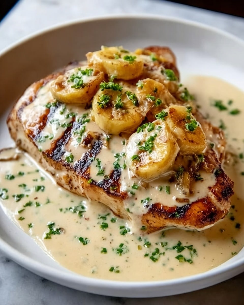 Two pieces of browned, grilled chicken breasts are placed on a white plate. Each chicken piece is covered with a thick, creamy beige sauce speckled with herbs and spices. Some fresh green parsley flakes are sprinkled on top of the sauce, adding contrast. The sauce pools around the base of the chicken, creating a smooth edge against the plate. The background shows a white marbled texture under warm lighting. photo taken with an iphone --ar 4:5 --v 7