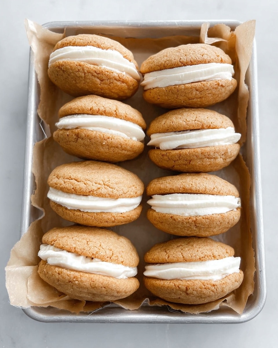 Eight sandwich cookies are neatly arranged in two columns on a white marbled surface inside a silver metal tray lined with parchment paper. Each cookie has two soft, round, light brown cakey layers with a slightly cracked texture, sandwiching one thick layer of smooth, white cream filling in the center. The cookies have a soft and fluffy appearance, with the cream layer evenly spread between the two cake layers. The shot is taken from above, showing the uniformity and inviting texture of the sandwich cookies. photo taken with an iphone --ar 4:5 --v 7