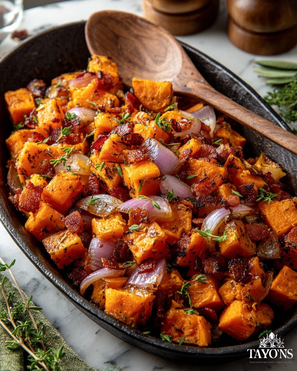 A serving of roasted sweet potatoes and crispy bacon pieces is shown in a dark oval cast iron pan, with a wooden spoon resting inside. The sweet potatoes are cut into cube shapes with a bright orange color and slightly charred edges. Mixed in are translucent purple onion slices and fresh green thyme sprigs sprinkled generously on top. The dish appears glossy with a light coating of oil and herbs, creating a warm, textured look. The background features a white marbled surface with blurred herbs and kitchen items nearby. photo taken with an iphone --ar 4:5 --v 7