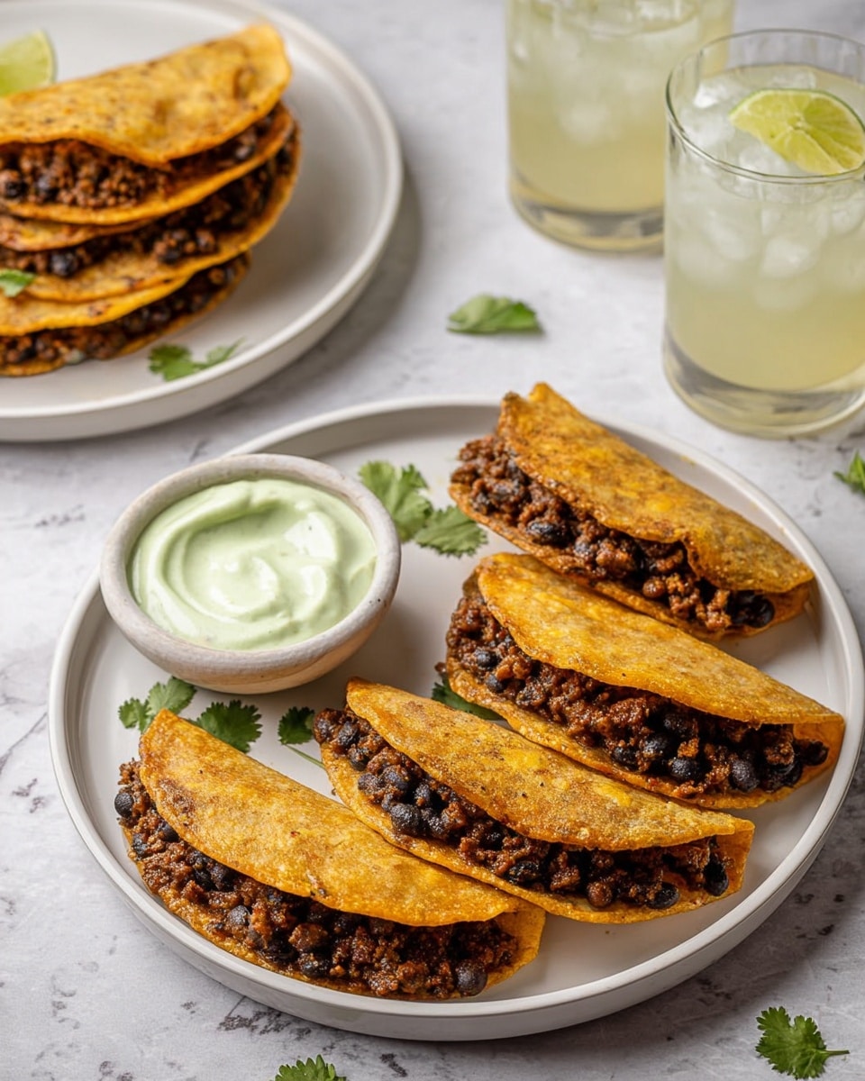 The image shows four golden-brown folded tacos arranged in a fan shape on a white plate, each filled with a textured mix of cooked black beans and ground meat, dark and crumbly with small bits visible. The taco shells are crisp with a slightly toasted look, curving upward to hold the filling. On one side of the plate is a small white bowl filled with creamy light green sauce, smooth and swirled on top. Fresh green cilantro leaves are scattered on the plate and around it on a white marbled texture surface. In the background, there is another white plate with more tacos stacked, and two drinks in clear glasses with a light yellowish liquid and ice, one with a slice of lime. Photo taken with an iphone --ar 4:5 --v 7