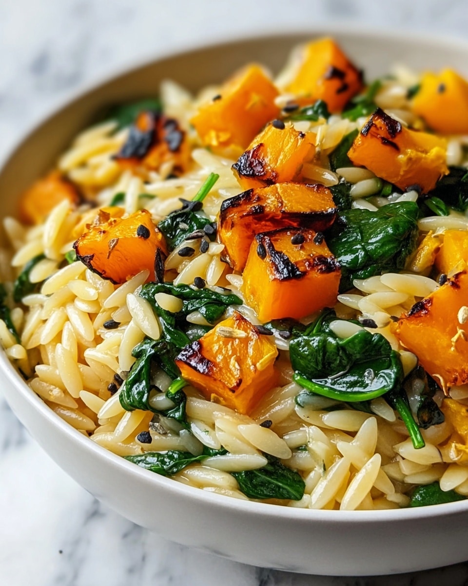 A close-up view of a white bowl filled with creamy, slightly translucent orzo pasta as the base layer, mixed with dark green wilted spinach leaves scattered throughout. On top, there are bright orange cubes of roasted butternut squash with charred edges and tiny black seeds sprinkled over the dish. The textures include soft orzo, tender spinach, and slightly crisp butternut squash pieces. The bowl is placed on a white marbled surface. photo taken with an iphone --ar 4:5 --v 7