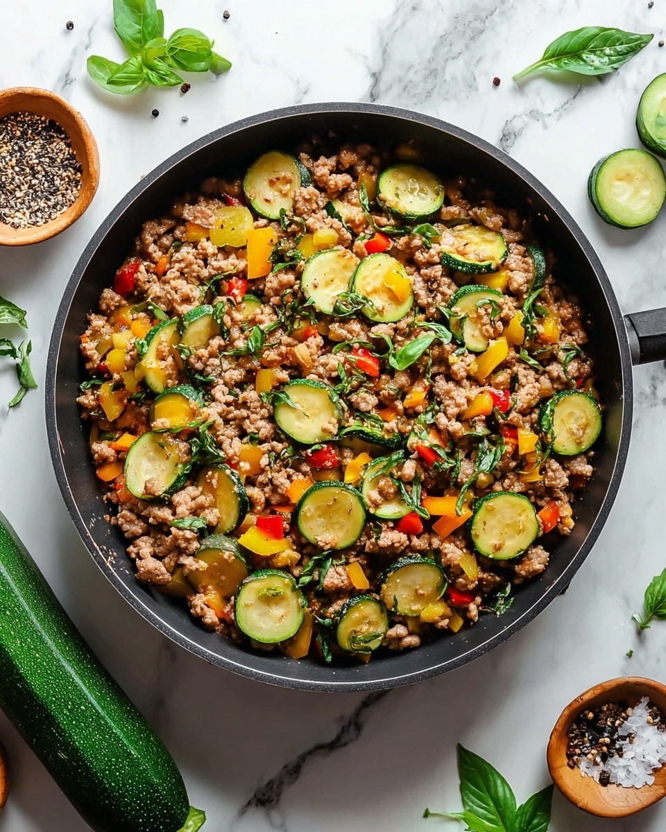A black pan filled with a cooked mix of ground meat and sliced zucchini rounds, with diced yellow and red bell peppers scattered throughout, garnished with fresh green herb leaves finely chopped and whole, set on a white marbled surface with fresh zucchini, small bowls of coarse salt and mixed peppercorns, and scattered fresh herb leaves around it, photo taken with an iphone --ar 4:5 --v 7