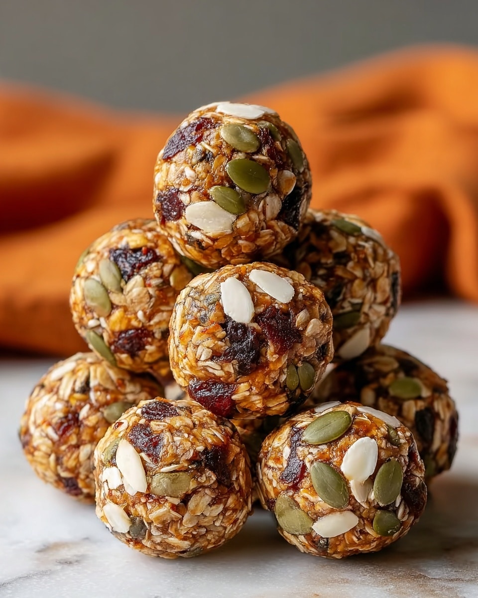 A group of round snack balls stacked in a pyramid shape on a white marbled surface, each ball made of visible layers of oats, dark brown dried fruit chunks, and light brown nut pieces tightly packed together. The balls have a textured surface with some green pumpkin seeds and white slivered almonds placed on top and embedded within. In the background, there is an out-of-focus orange cloth adding warmth to the scene. photo taken with an iphone --ar 4:5 --v 7
