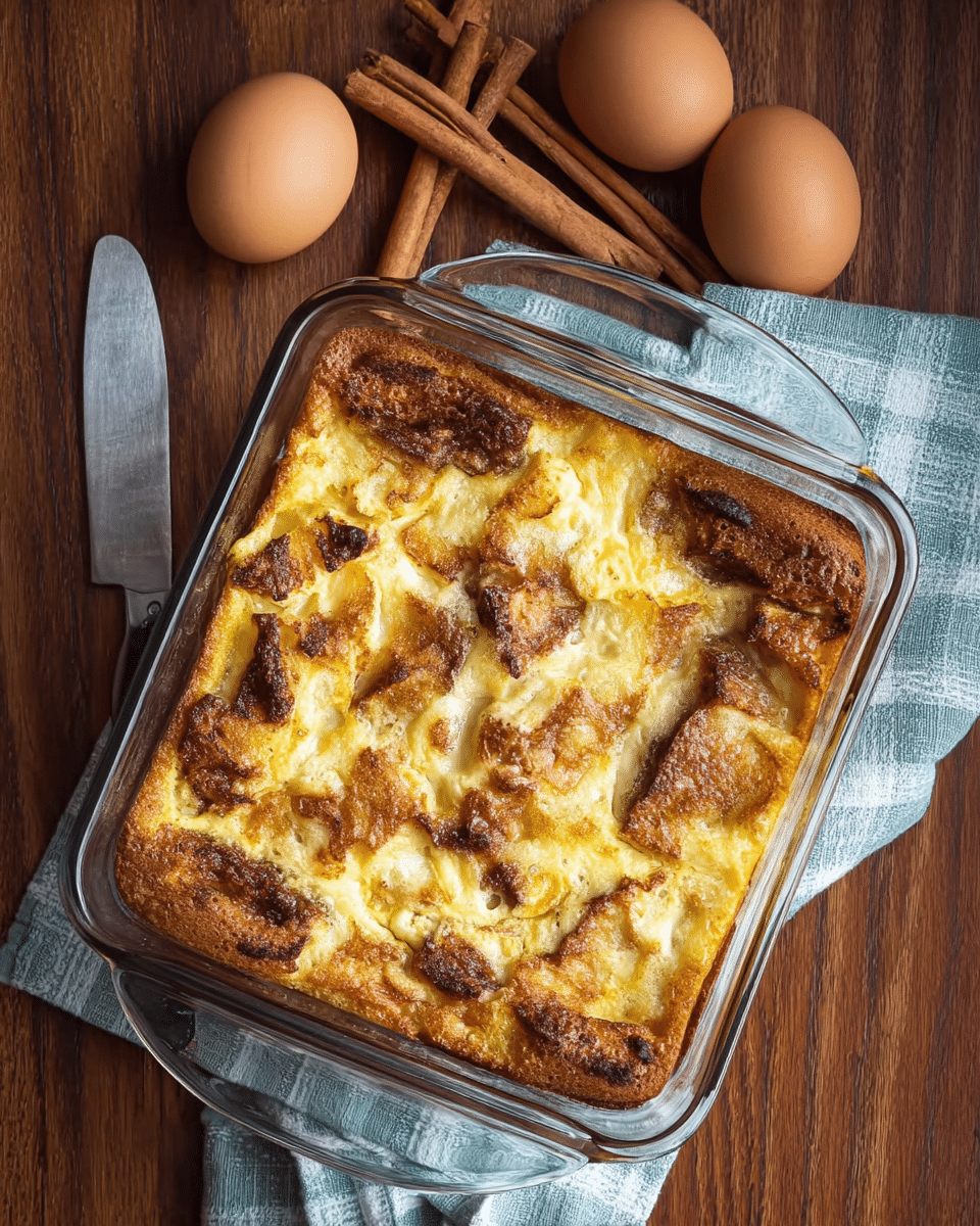 A square glass baking dish showing a freshly baked golden brown bread pudding with a slightly crispy top layer that has darker caramelized spots and lighter creamy areas underneath. The pudding surface shows pieces of soft baked bread mixed in a custard base, creating a textured pattern with shades of yellow, brown, and cream. The dish sits on a wooden table next to three brown eggs, a silver butter knife, some tied cinnamon sticks, and a folded light blue checkered cloth. Photo taken with an iphone --ar 4:5 --v 7