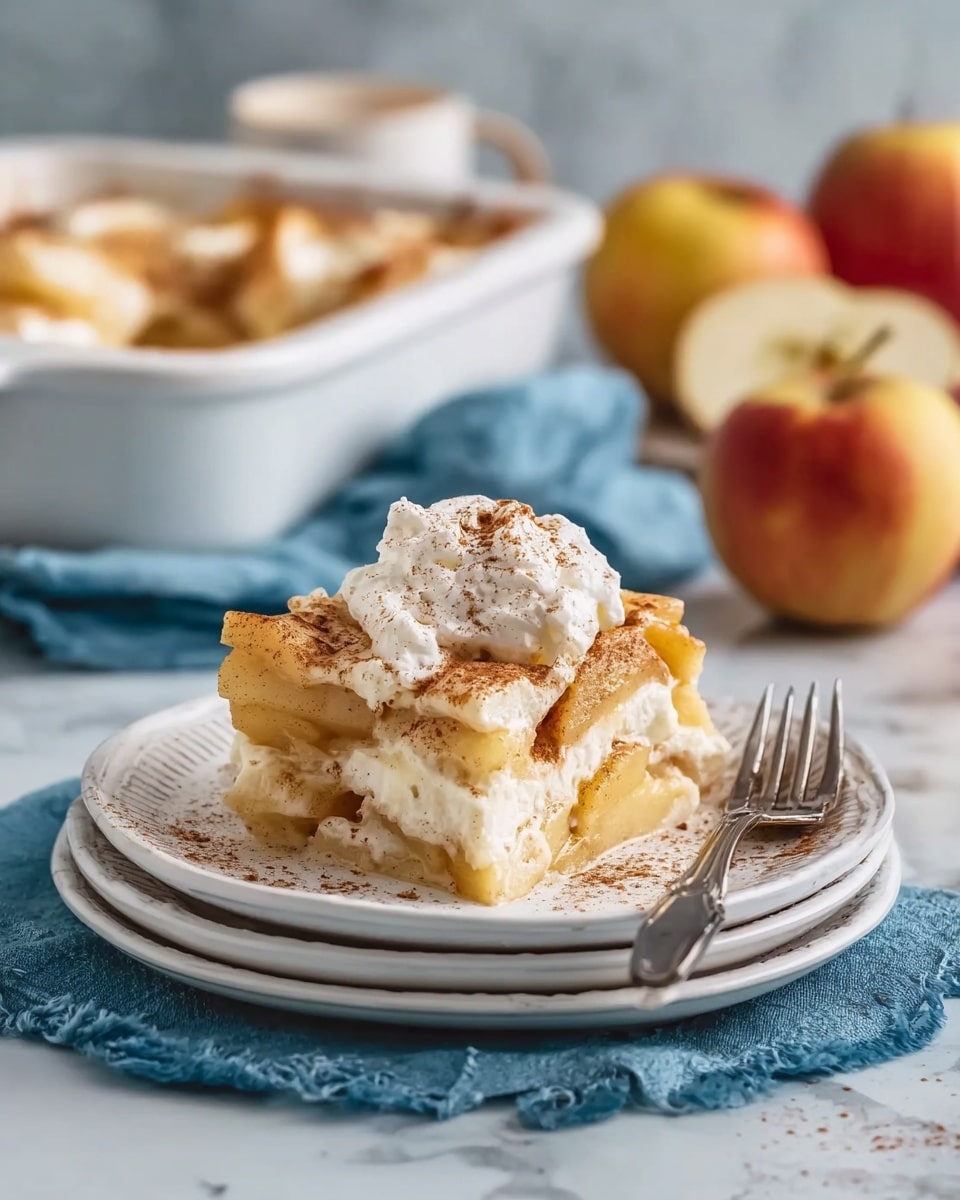 The image shows a slice of apple dessert on a stack of three white plates resting on a blue cloth over a white marbled surface. The dessert has two visible layers of baked apple slices with a light golden brown color, separated by a creamy white layer. On top, there is a dollop of whipped cream sprinkled with brown cinnamon powder. A silver fork is placed on the right side of the plates. In the background, a white baking dish filled with more apple dessert and two apples are slightly blurred. Photo taken with an iphone --ar 4:5 --v 7