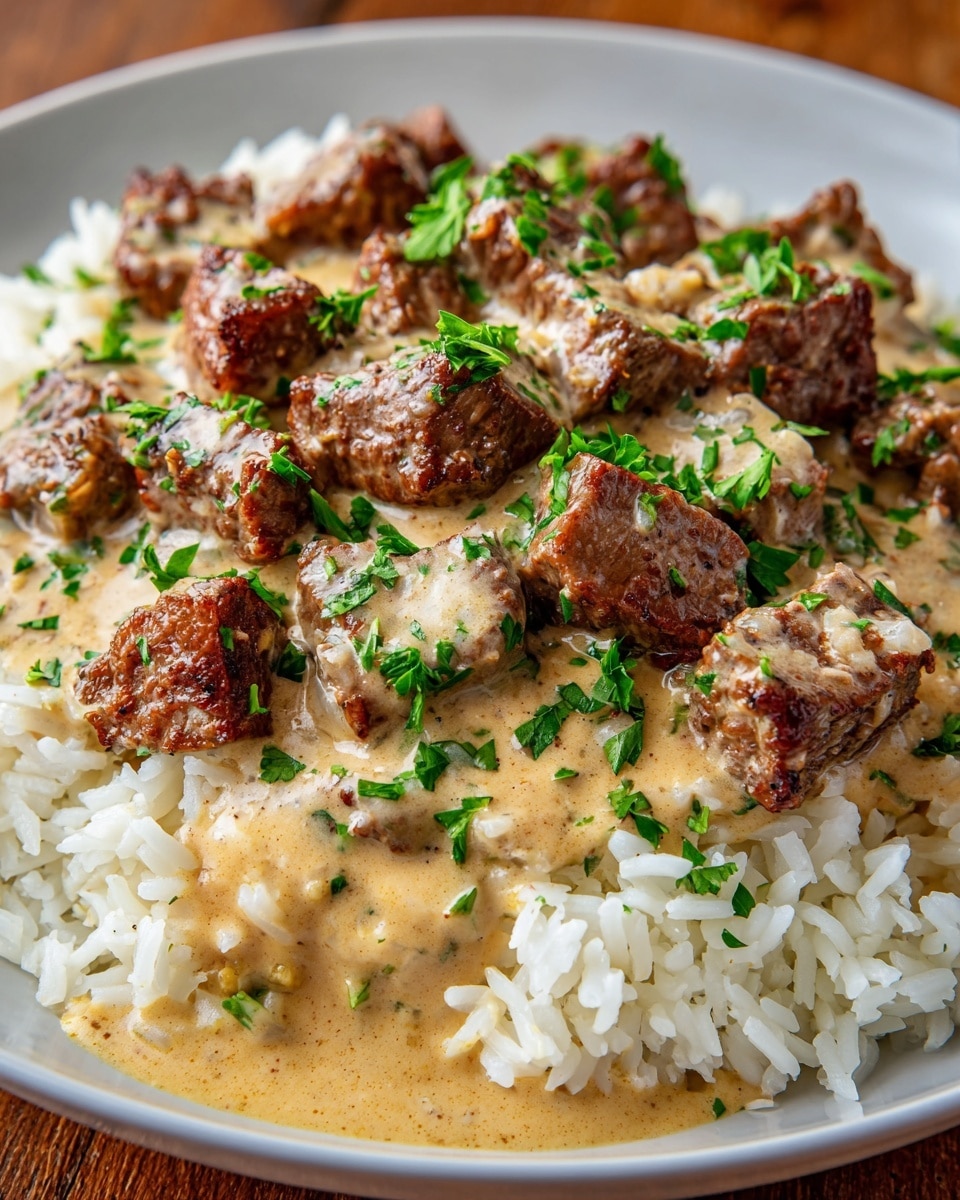The dish shows a close-up of a white plate filled with fluffy white rice as the bottom layer, topped with chunks of browned beef scattered evenly. Over the beef and rice, a creamy light brown gravy with a smooth texture covers much of the surface, pooling between the pieces of meat. Small bright green parsley leaves are sprinkled on top, adding fresh color contrast. The white marbled texture beneath the plate is slightly visible around the edges. photo taken with an iphone --ar 4:5 --v 7