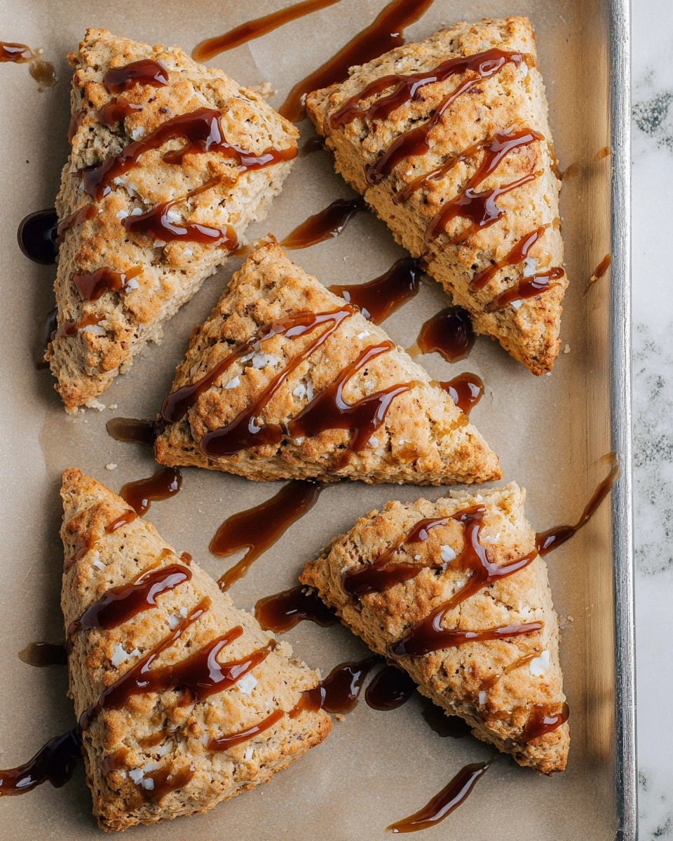 Five triangular scones with a rough, crumbly texture and a light brown color are arranged on a baking tray lined with parchment paper. Each scone is drizzled with glossy, dark caramel sauce in thin, slightly wavy lines that extend onto the parchment. The scones have a golden crust with some visible white spots where the dough is lighter. The baking tray’s metal edge is visible on the right side, and the background features a white marbled texture. photo taken with an iphone --ar 4:5 --v 7