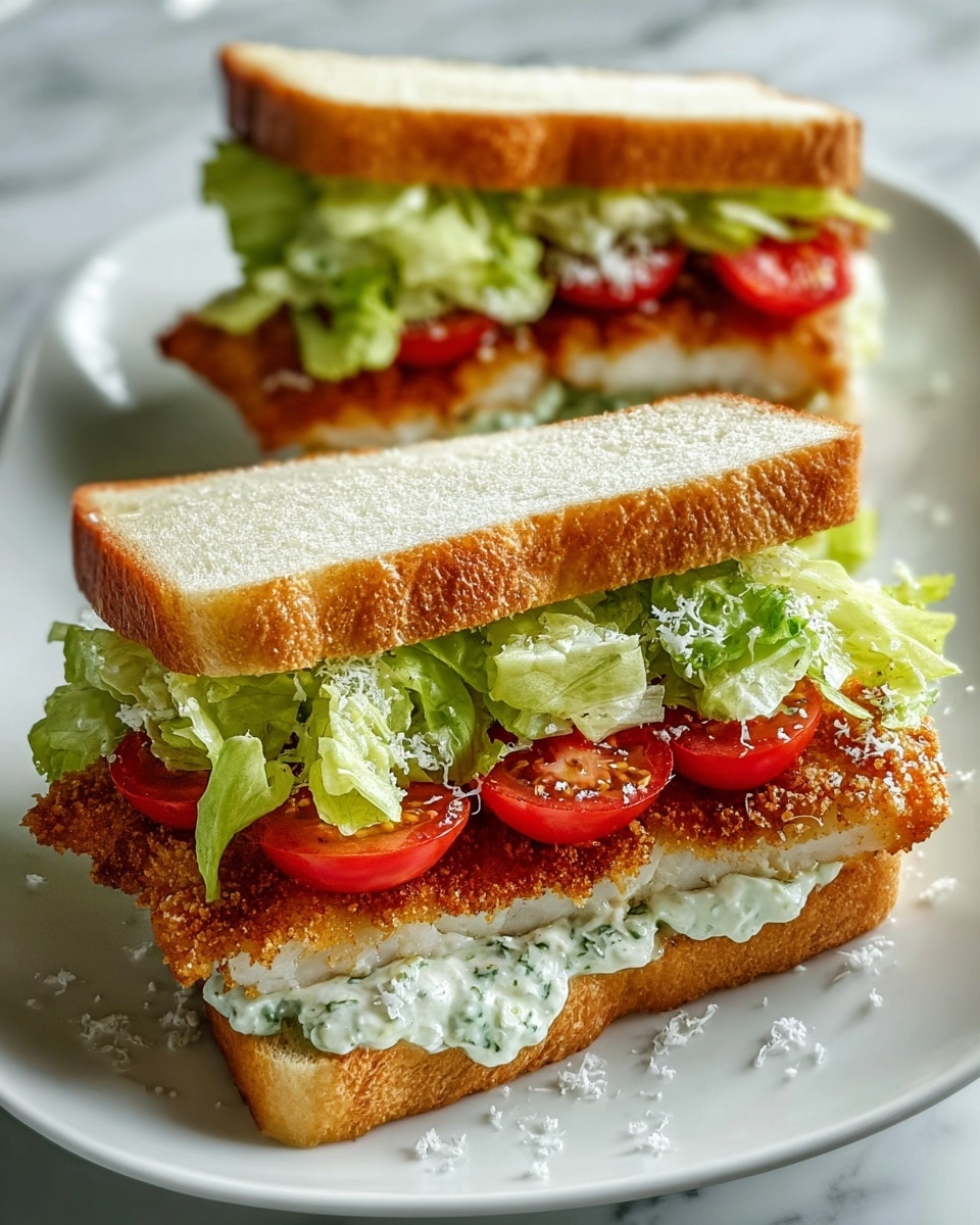 Two sandwiches sit on a white plate with a white marbled texture underneath. Each sandwich has three layers of toasted white bread, light golden brown and crispy on the edges, with the top slice slightly lifted to show the fillings. The bottom layer of each sandwich has a thick spread of creamy white and green herb sauce with a smooth texture. On top of the sauce, there is a crispy, golden-brown breaded fish fillet with a crunchy texture and white flaky inside. Above the fish, bright red, juicy cherry tomato halves are placed in a row, followed by fresh, crisp green lettuce leaves with a slightly wrinkled texture. The sandwiches are sprinkled with finely grated white cheese, adding a delicate texture on top. Photo taken with an iphone --ar 4:5 --v 7