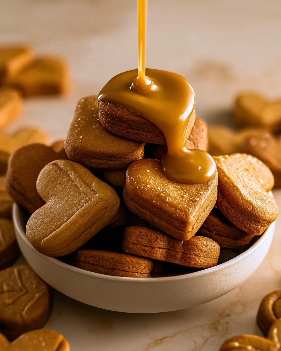 A white bowl filled with a stack of heart-shaped cookies, each cookie having a golden brown color and a slightly textured surface. The cookies are layered unevenly, forming a small mound in the bowl. On top, a thick, golden caramel sauce is being poured, dripping over the edges and adding a shiny, smooth contrast to the matte cookies. The scene is set on a white marbled surface, with soft, warm lighting enhancing the rich caramel tones. Photo taken with an iphone --ar 4:5 --v 7