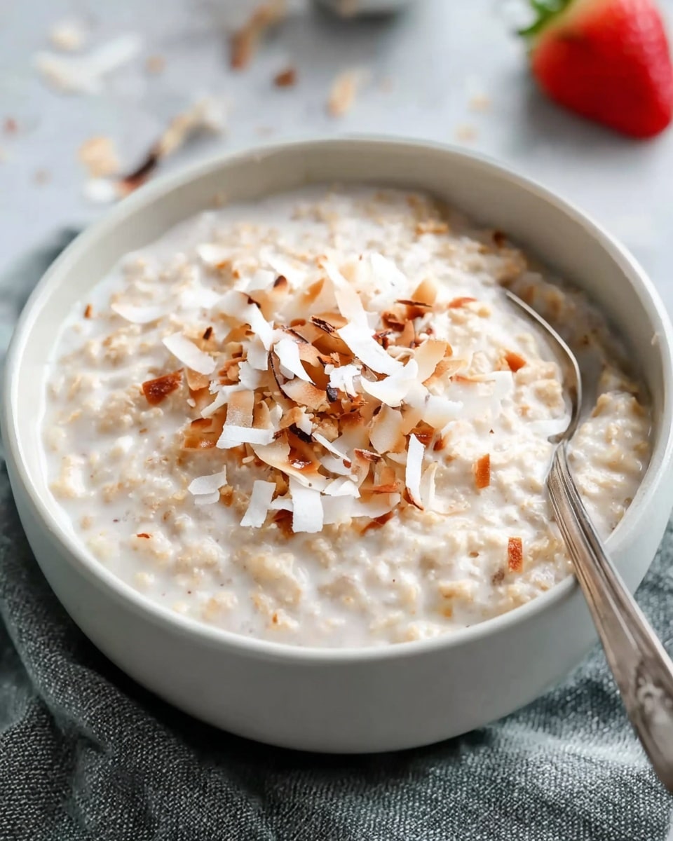 A close-up image of a white bowl filled with creamy oatmeal topped with toasted coconut flakes. The oatmeal is light beige with a smooth and slightly chunky texture, and the toasted coconut flakes on top are brown and white, adding contrast. A silver spoon rests inside the bowl on the right edge. The bowl is placed on a gray cloth with a white marbled background, with a blurred strawberry and spoon visible in the background. Photo taken with an iphone --ar 4:5 --v 7
