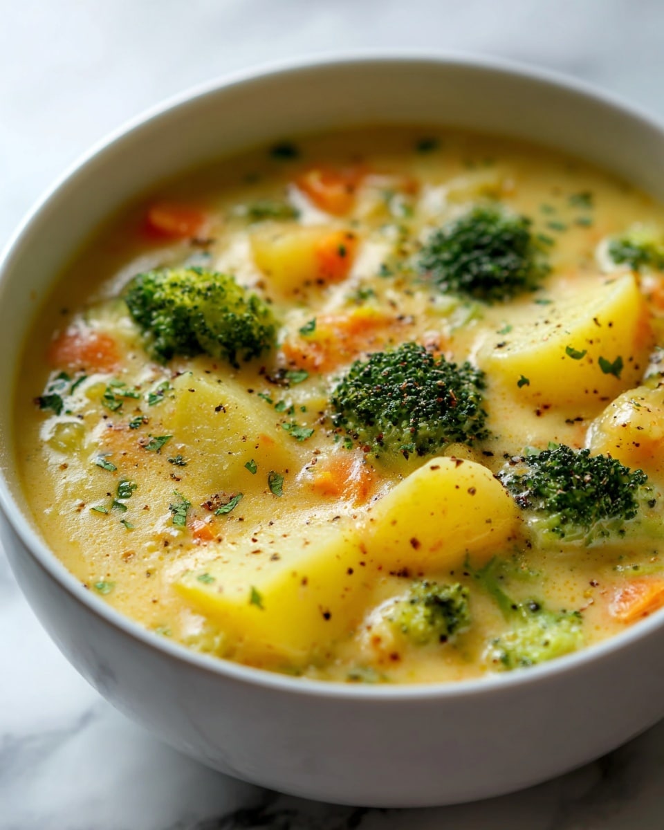 A white bowl filled with creamy soup showing three main layers: the top layer has bright green broccoli florets scattered across the surface, the middle layer contains large yellow potato chunks mixed with small orange carrot pieces, and the creamy base layer is light yellow with a smooth texture dotted with black pepper and small green herb bits. The soup looks thick and has a slightly glossy finish. The bowl is placed on a white marbled surface. photo taken with an iphone --ar 4:5 --v 7
