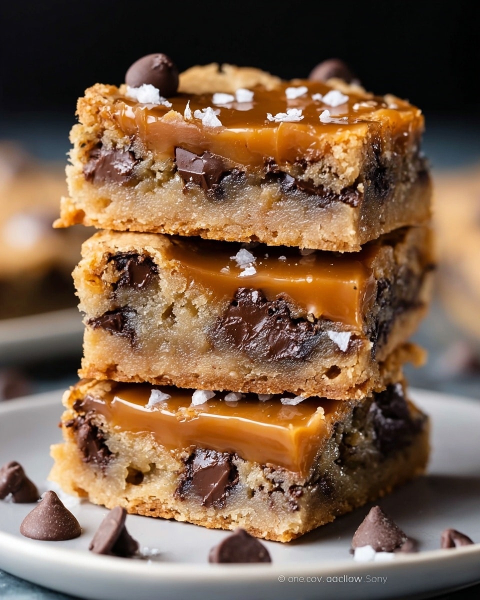 This image shows two stacked square cookie bars with three visible layers. The bottom and top layers are thick, light golden-brown, crumbly cookie dough with some texture. The middle layer is a rich, gooey caramel that is dripping slightly from the edges and the center of the bars. Scattered throughout the cookie layers are dark brown chocolate chips, some melted, some intact. A few chocolate chips sit on top of the caramel layer as decoration. The cookie bars are placed on a white marbled surface. Photo taken with an iphone --ar 4:5 --v 7
