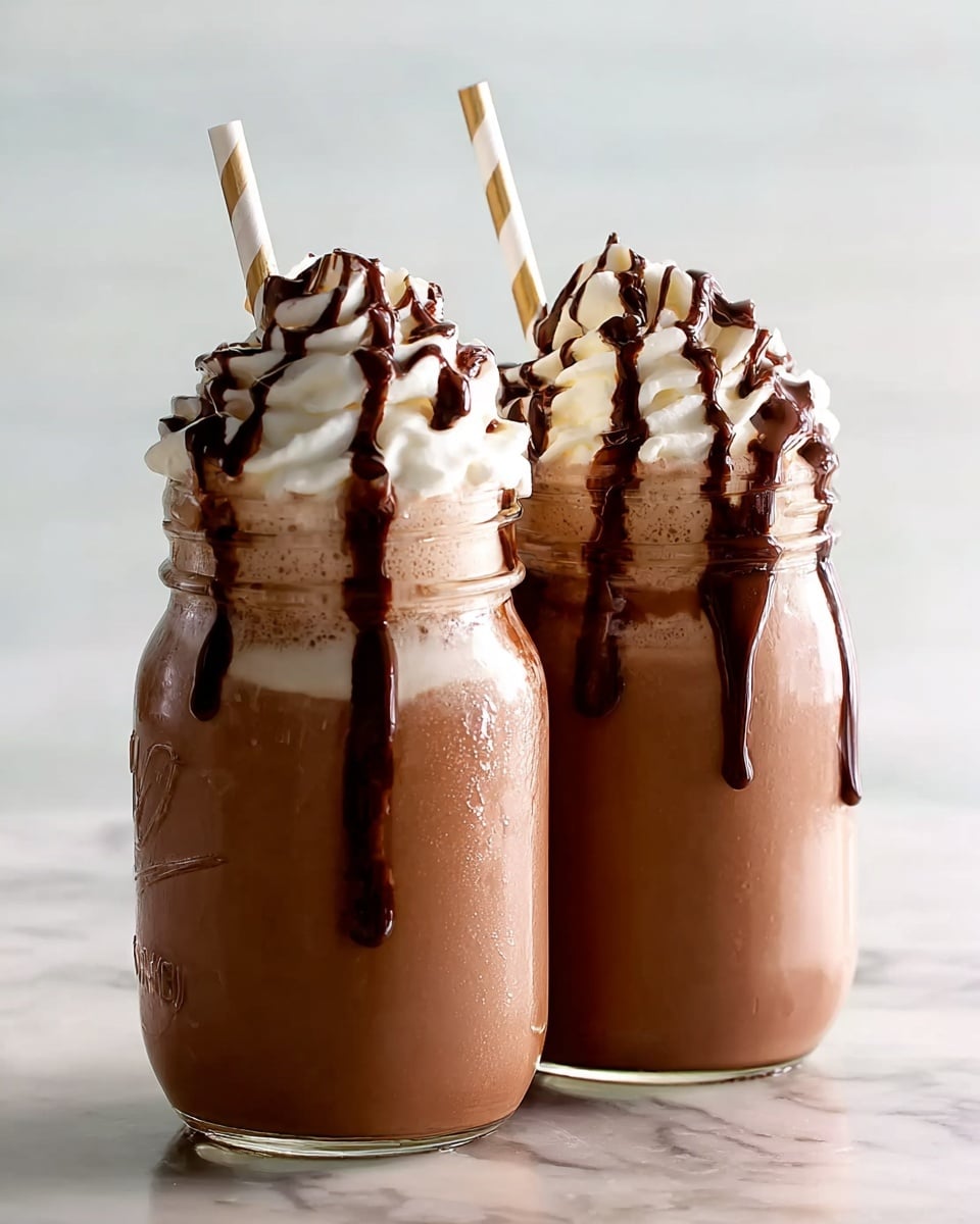 A clear glass jar filled almost to the top with a smooth light brown chocolate milkshake, showing some chocolate drizzle streaks running down the sides of the jar. On top, there is a large swirl of creamy white whipped cream with thick dark brown chocolate syrup drizzled generously over it. A white straw sticks out from the whipped cream on one side. The jar sits on a wooden surface, with another similar milkshake blurred in the background. Photo taken with an iphone --ar 4:5 --v 7