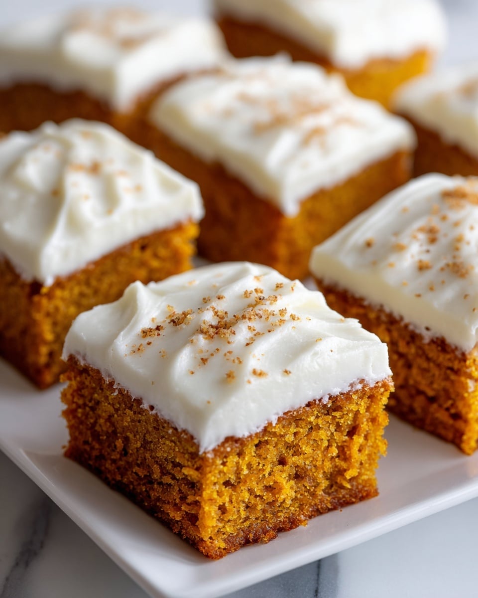 The image shows several square pieces of moist pumpkin cake with a thick, smooth white cream cheese frosting on top, each piece having one layer of orange cake and one layer of white frosting, neatly cut and placed on a white plate, all set on a white marbled surface. Photo taken with an iphone --ar 4:5 --v 7