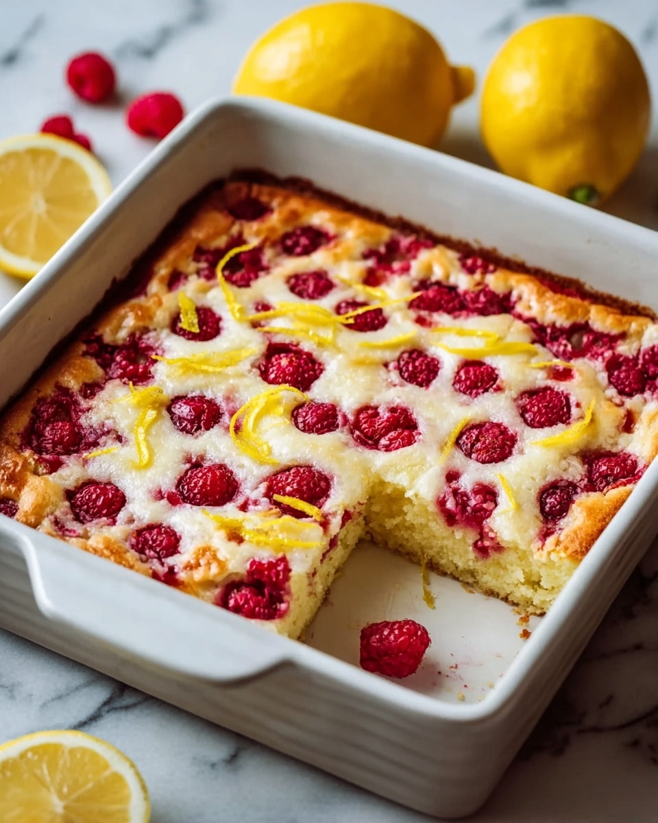 A square white ceramic baking dish holds a baked lemon raspberry cake with a golden brown crust around the edges. The top layer is slightly browned and dotted with bright red raspberries evenly spread across the surface, mixed with thin, curled strips of yellow lemon zest. One slice is cut out from the bottom right corner, showing a soft, light yellow interior with a spongy texture. The cake rests on a white marbled surface with whole and halved lemons in the background, adding a fresh, colorful contrast. Photo taken with an iphone --ar 4:5 --v 7