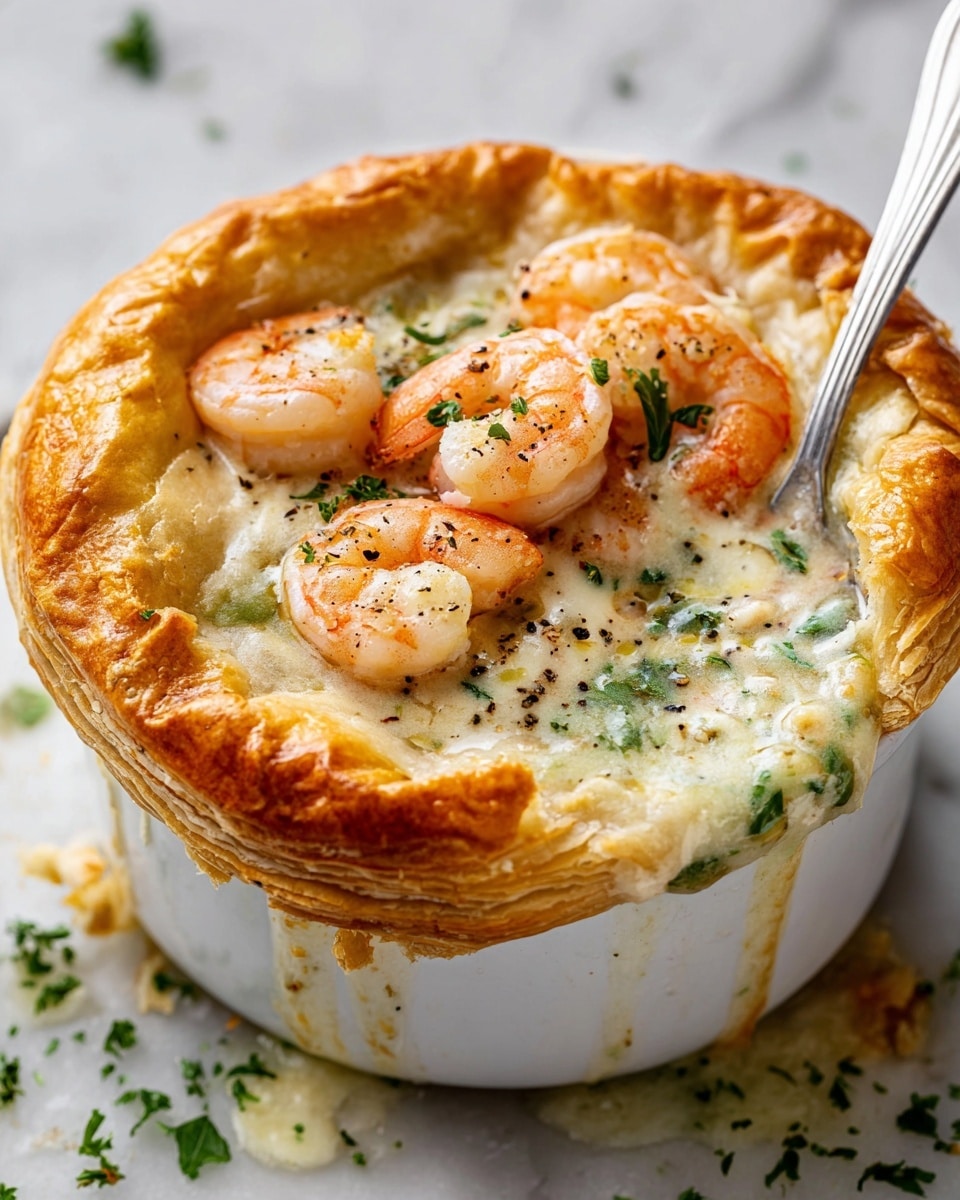 The dish is a creamy shrimp pot pie served in a white ceramic ramekin. It has a thick, golden-brown crust that is fluffy and slightly cracked on the edges. Underneath the crust, there is a smooth, light cream sauce holding multiple plump, pink shrimp scattered on top and partially embedded inside. The sauce looks shiny and rich, garnished with small green parsley leaves and a sprinkle of black pepper. The ramekin sits on a white marbled surface with a few scattered green herb bits around it. photo taken with an iphone --ar 4:5 --v 7