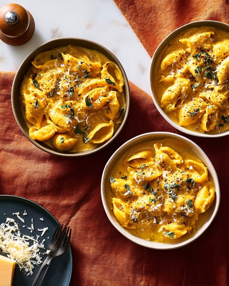 There are three bowls filled with pasta shells covered in a thick, creamy yellow-orange sauce. The pasta is topped with small green herb leaves and small white grated cheese pieces scattered on the surface. The bowls are white and placed on a white marbled surface. To the side, there is a small dark plate with more grated cheese and an orange cloth napkin nearby. A pepper grinder is also visible in the upper left corner. The lighting makes the sauce look rich and smooth, with some black pepper specks adding texture to the dish. Photo taken with an iphone --ar 4:5 --v 7