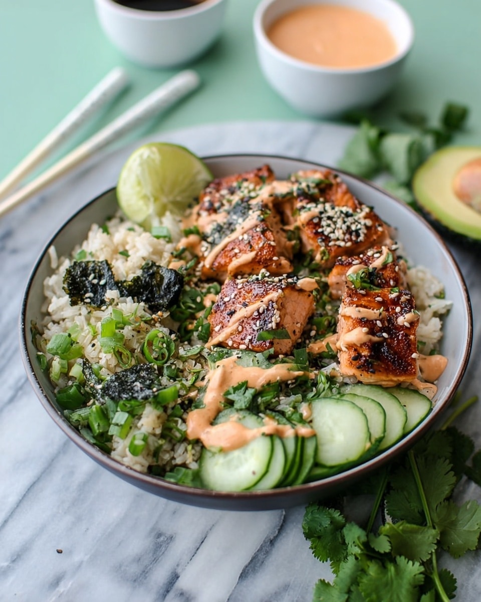 A black bowl filled with a layer of white rice at the bottom, topped with grilled golden-brown chicken pieces in the center, slices of light green avocado on the top right, and thin cucumber rounds speckled with creamy pink sauce on the bottom left. Bright green sliced jalapeño peppers sit beside the avocado, while fresh cilantro leaves are scattered on top and around the bowl. A small wedge of lime rests near the cucumber slices. Silver chopsticks lie across the edge of the bowl. The bowl is placed on a white marbled surface with a small blue bowl of dark soy sauce and a spoon in a small white bowl with creamy pink sauce nearby. photo taken with an iphone --ar 4:5 --v 7