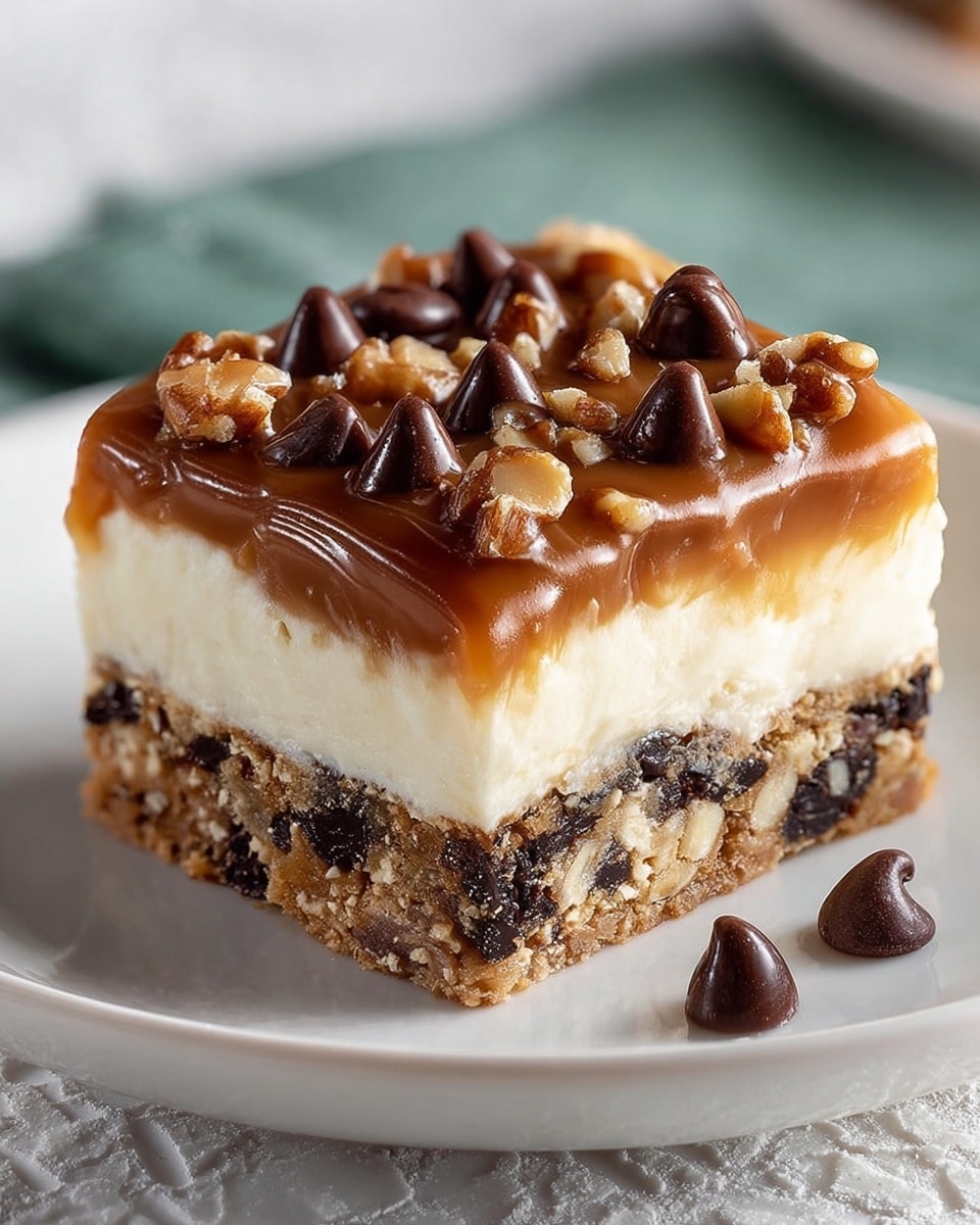 A square piece of layered dessert sits on a white plate over a white marbled texture. The bottom layer is a thick crust mixed with dark nuts and chocolate bits, giving it a rough and chunky texture with light brown and dark spots. Above it is a smooth, creamy white layer, thick and even. The top layer is glossy caramel with small walnut pieces mixed in, crowned with many shiny, dark brown chocolate chips spread evenly across the surface. A few chocolate chips are placed on the plate next to the dessert. Photo taken with an iphone --ar 4:5 --v 7