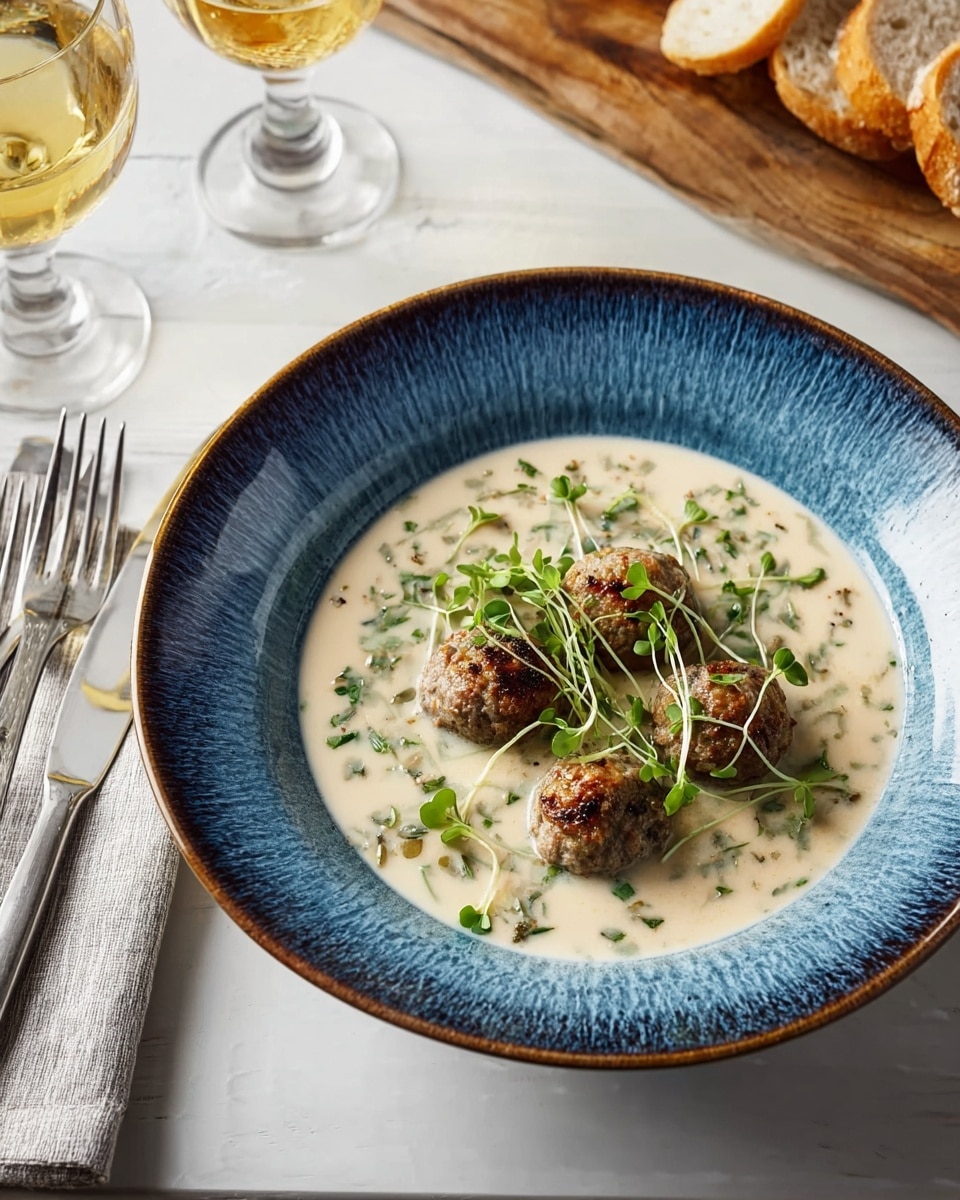 Four browned meatballs sit in the center of a shallow white bowl with blue textured rim. The meatballs are nestled in a creamy white sauce with green herbs sprinkled on top and around them. Small sprigs of microgreens add a touch of fresh green on the meatballs. The bowl is placed on a white marbled surface with a glass of white wine and another glass with a lemon slice next to it. In the background, slices of bread rest on a wooden board. Photo taken with an iphone --ar 4:5 --v 7