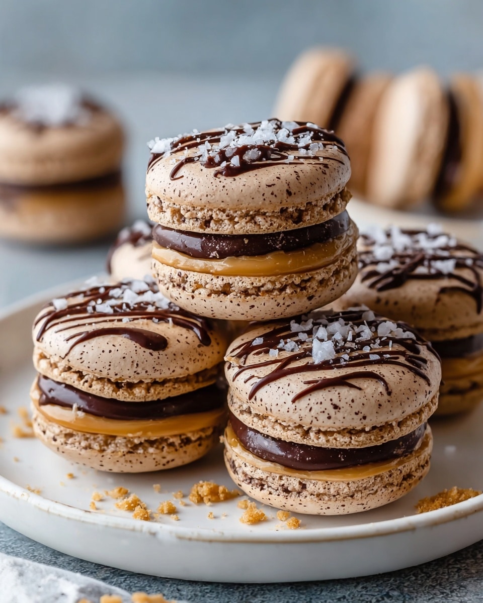 The image shows several chocolate macarons stacked on a white plate with a white marbled texture beneath it. Each macaron has two light brown, slightly rough textured shells with tiny specks on top, held together by two filling layers—a dark glossy chocolate layer at the bottom and a smooth light brown caramel layer above it. The tops of the macarons are decorated with thin dark chocolate drizzles and small white salt crystals, adding texture and contrast. Crumbs are scattered around the plate edges, enhancing the natural look of the dessert. Photo taken with an iphone --ar 4:5 --v 7