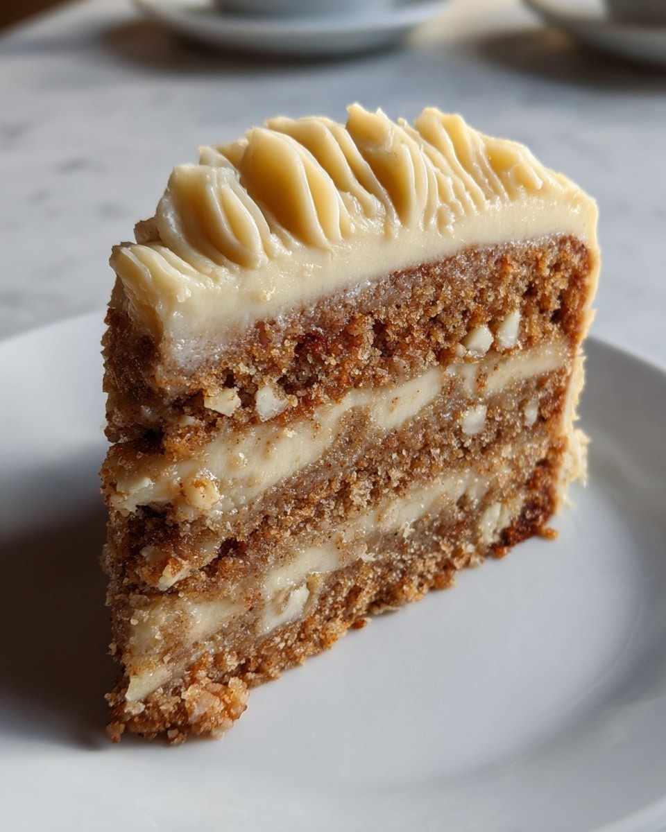 A slice of cake with three visible layers sits on a white plate on a white marbled surface. The bottom layer is dense and light brown with a crumbly texture. The middle layer is thick and creamy with small white chunks, giving it a textured look. The top layer is a darker light brown cake with a rough surface, covered by a smooth, thick layer of creamy, pale yellow frosting that has swirled waves on top. The cake looks moist and textured, with a mix of crumbly and creamy parts, capturing strong natural light that adds depth and warmth. photo taken with an iphone --ar 4:5 --v 7