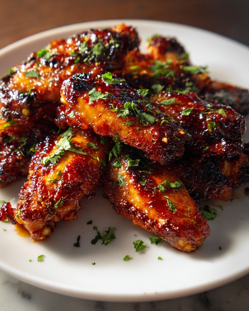 A close-up view of several grilled chicken wings stacked on a white plate, each wing with a crispy, glossy, reddish-brown skin showing char marks and a sticky glaze. The wings are sprinkled with small green herb pieces, adding color and texture contrast. The white plate sits on a surface with a white marbled texture, and the focus is sharp on the front wings, showing detailed texture of the crispy skin and herbs. photo taken with an iphone --ar 4:5 --v 7