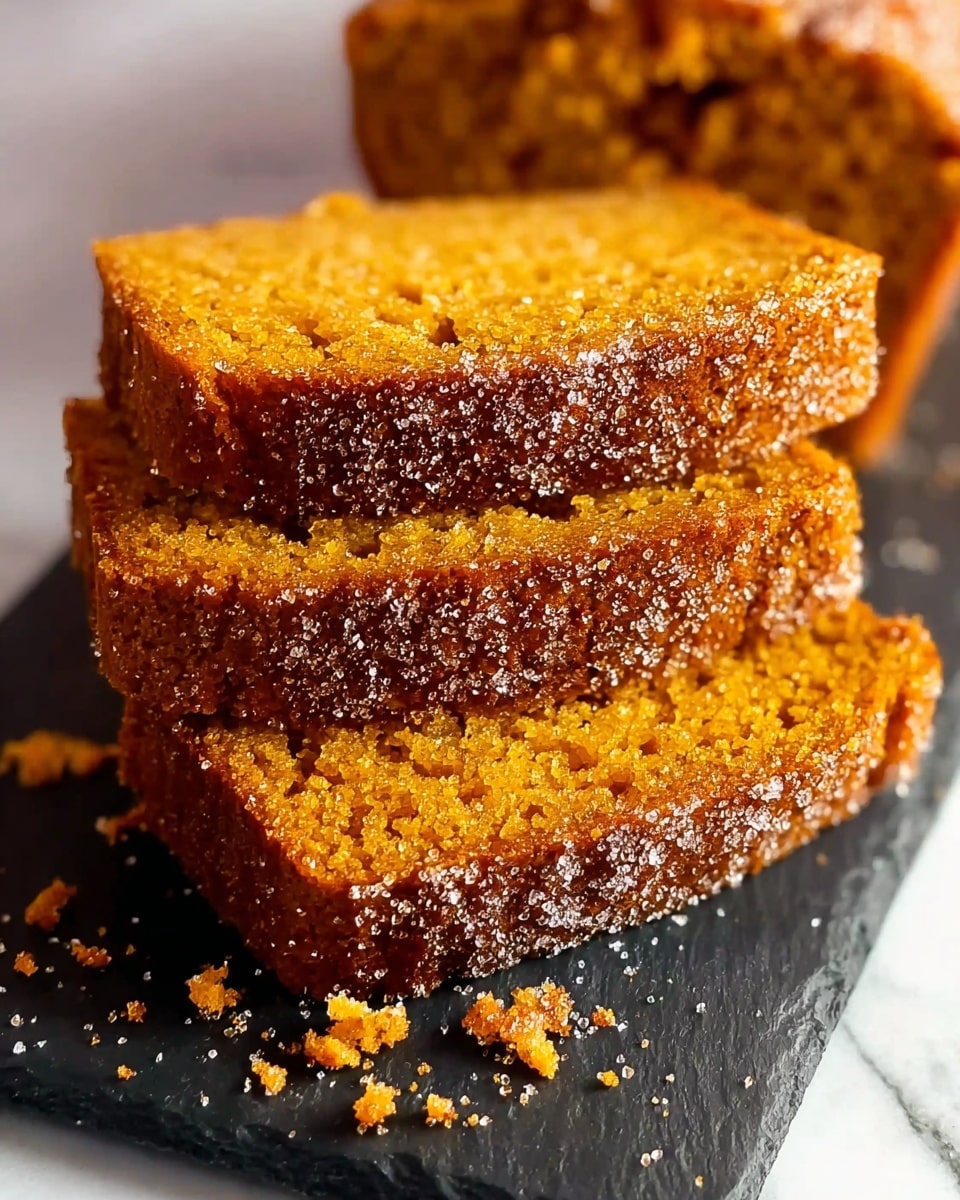 Two small rectangular pumpkin cakes with a rough, uneven top surface showing a mix of golden yellow and darker brown swirls, sprinkled with sugar crystals. The cakes have a firm, slightly crumbly texture on the sides with a golden brown color. They rest on a dark slate board placed on a white marbled tabletop. In the background, there are blurred small orange and white pumpkins adding a warm autumn feel. photo taken with an iphone --ar 4:5 --v 7