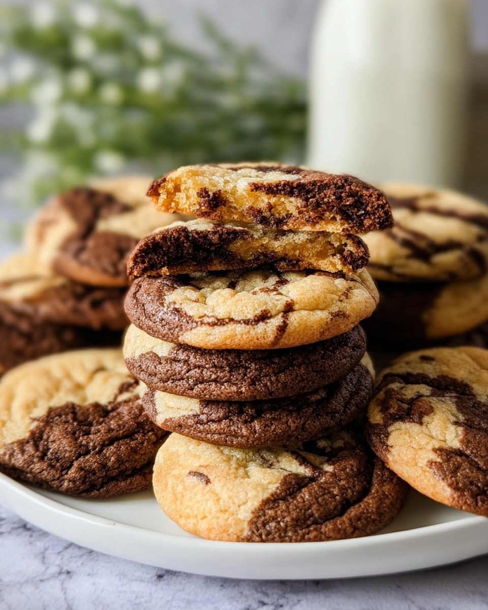 A stack of thick, round marbled cookies sits on a white plate, each cookie having a mix of light golden brown and dark chocolate brown swirls on their surface. On top of the stack, one cookie is broken in half and placed to show the soft inside with a textured crumb alternating in light cookie dough color and dark chocolate. The cookies have a slightly cracked, soft look. The background features blurred white marbled texture and green sprigs, with a white milk bottle faintly visible behind the stack. photo taken with an iphone --ar 4:5 --v 7