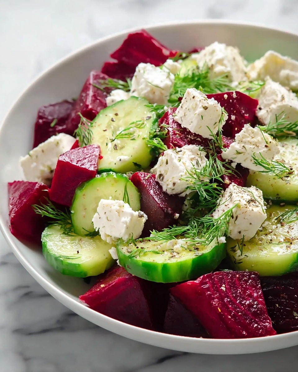 A white bowl filled with a fresh salad showing three main layers: the bottom layer has bright red beet chunks cut into irregular shapes, the middle layer is made up of light green cucumber slices with darker green edges, and the top layer contains white cheese cubes and crumbles sprinkled with black pepper. Small green dill sprigs are scattered on top adding a fresh touch. The bowl sits on a white marbled surface. photo taken with an iphone --ar 4:5 --v 7