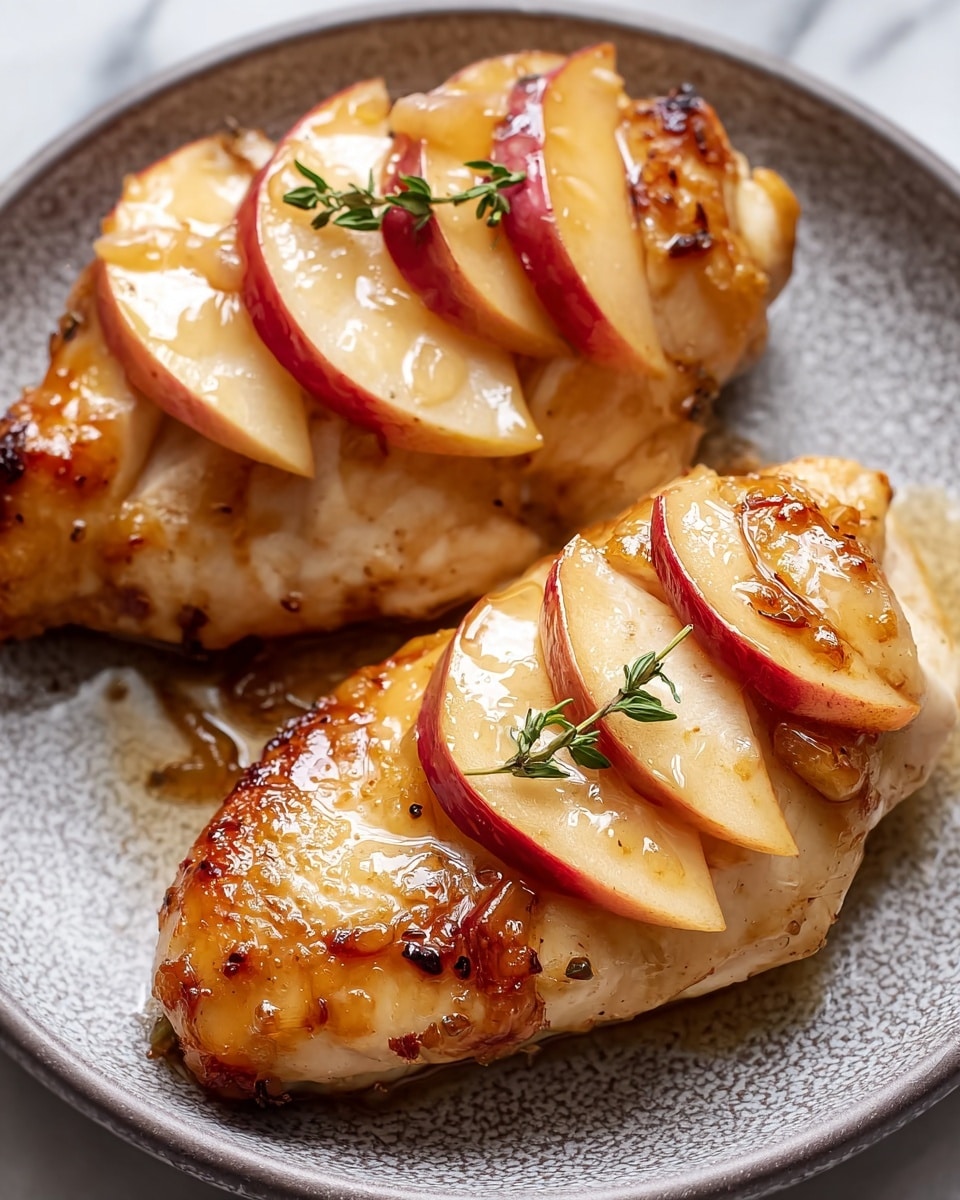 Two cooked chicken breasts sit on a white plate with a gray speckled texture. Each chicken breast is golden brown with a shiny, glazed surface and has several thin slices of red-skinned apple tucked into slits on top. Small green herb sprigs rest on the apples, adding a touch of color. The light reflects softly, showing the juicy and tender texture of the chicken and apples. The background is a white marbled texture. photo taken with an iphone --ar 4:5 --v 7