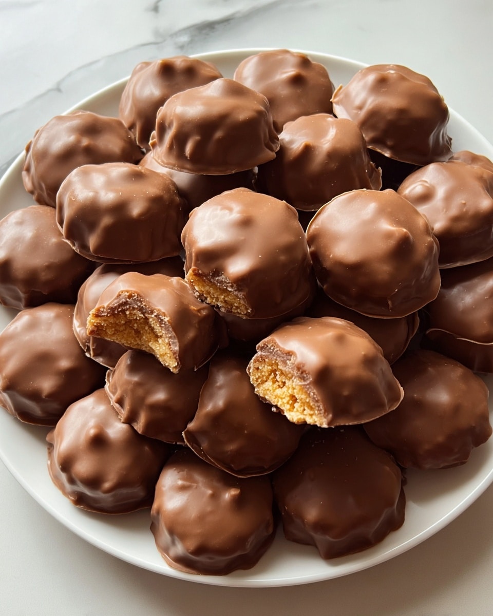 A white plate filled with about twenty round milk chocolate-covered treats, each having a smooth, shiny coating with slight ridges and some small dimples. The chocolate layer is thick enough to hide most of the crunchy, golden-brown filling inside, which can be seen peeking out from a few bites and edges. The treats are piled in a loose mound, and the background shows a white marbled surface. Photo taken with an iphone --ar 4:5 --v 7