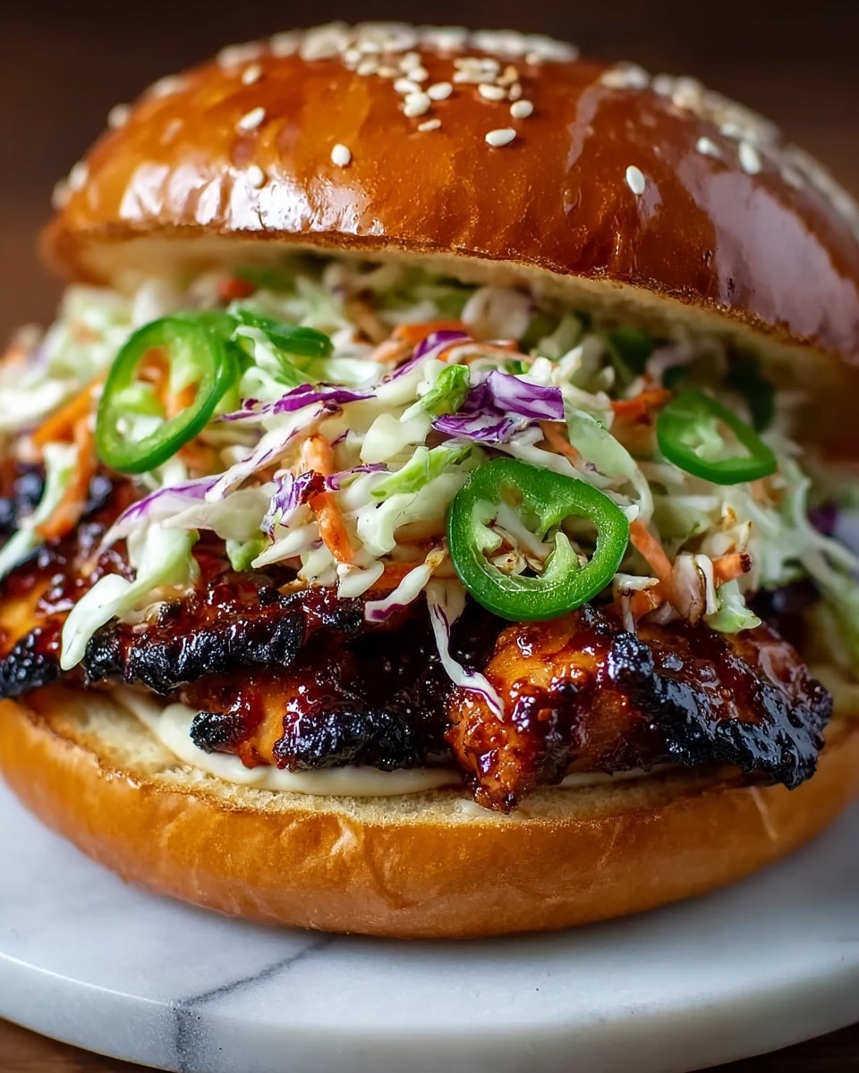 A close-up of a sandwich on a white marbled surface, featuring a glossy, golden-brown sesame seed bun top. Inside, the bottom layer is a toasted, soft bun with a light spread of creamy sauce. On top of this are several pieces of dark brown, charred and saucy grilled chicken. Above the chicken is a colorful layer of fresh coleslaw made of shredded white cabbage, thin carrot strips, and bits of purple cabbage. Thin slices of green chili peppers are scattered over the coleslaw, adding a pop of green and texture. The sandwich sits on a white plate that contrasts with the rich colors of the sandwich. photo taken with an iphone --ar 4:5 --v 7