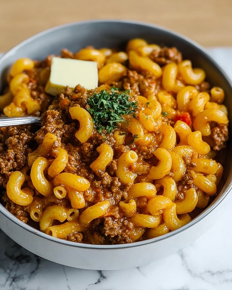 A white bowl holds a layered dish with cooked elbow macaroni pasta, which is yellow-orange and glossy, mixed evenly with a brown, crumbly ground meat sauce with some visible small red bits, likely tomatoes or peppers. On top, there is a small spoonful of finely chopped green herbs for garnish and a yellow square piece of butter sitting on one side. The bowl rests on a white marbled texture surface. photo taken with an iphone --ar 4:5 --v 7