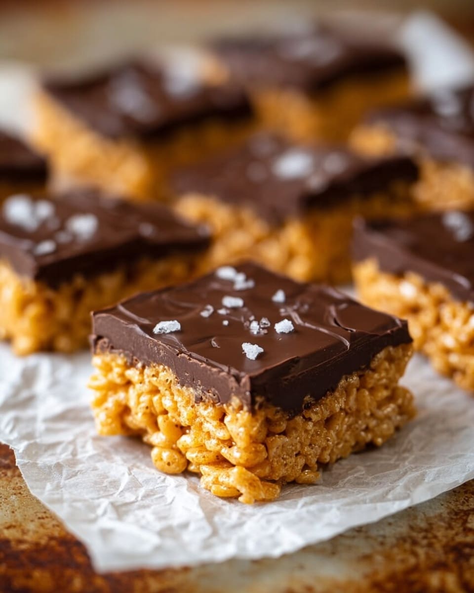 The image shows a stack of three square bars with two clear layers. The bottom larger layer is golden brown with a chewy texture made of crisped rice cereal mixed with a sticky substance. On top, there is a smooth dark brown chocolate layer that looks firm and glossy, sprinkled with small white salt flakes. The bars are placed on crumpled white paper over a white marbled surface, while more similar bars are blurred in the background. Photo taken with an iphone --ar 4:5 --v 7