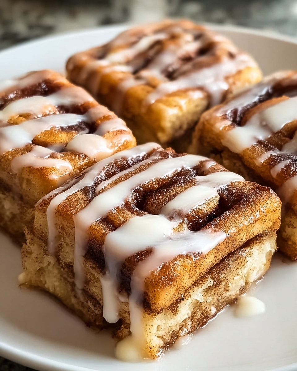 Two square pieces of cinnamon roll waffle sit side by side on a white plate, each piece showing multiple layers of soft, golden dough swirled with dark brown cinnamon. The top features a crisscross pattern of a creamy white icing drizzle, glistening and slightly thick, with a light dusting of cinnamon powder adding a speckled texture. Puddles of extra icing cream pool gently beneath the rolls on the plate. The photo taken with an iphone --ar 4:5 --v 7