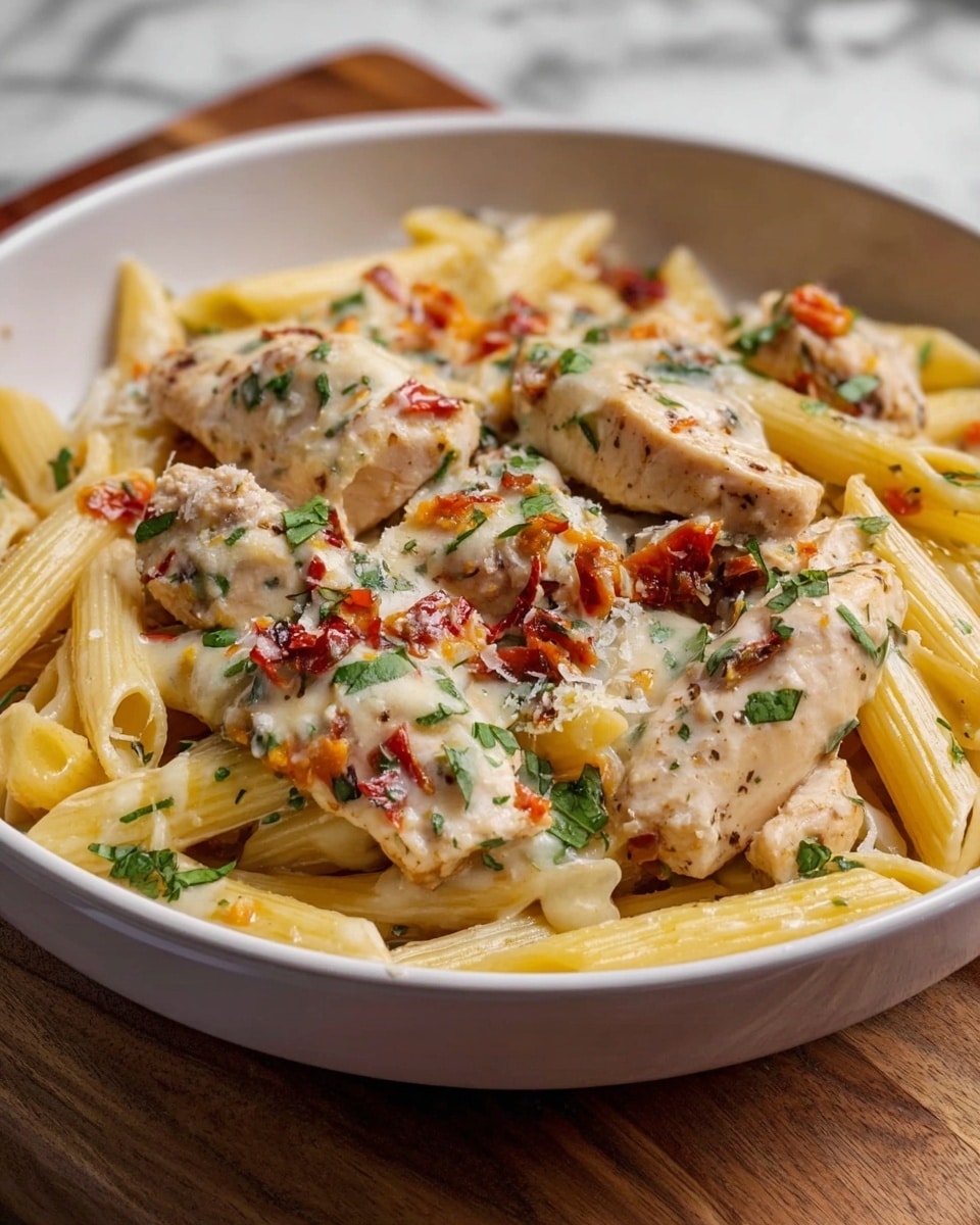 The dish shows a deep white bowl filled with layers of penne pasta that are pale yellow and smooth, mixed with pieces of chicken breasts covered in melted white cheese with small bits of red peppers on top. The chicken is lightly browned with a slightly crispy texture and spread over the pasta. Scattered green herbs add a fresh touch across the dish, while small specks of grated cheese are sprinkled on top, blending with the creamy sauce that lightly coats the pasta. The bowl is placed on a wooden surface with a white marbled texture background visible in the out-of-focus area. Photo taken with an iphone --ar 4:5 --v 7