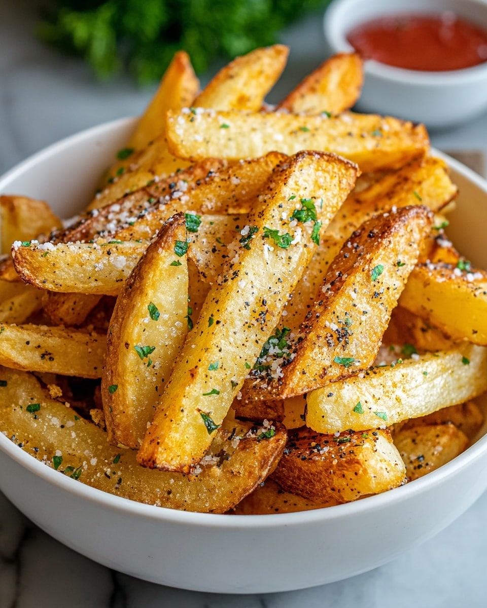 The image shows a white bowl filled with thick potato fries that are golden brown with crispy edges and slightly soft centers. The fries have their skin on and are sprinkled with coarse salt, cracked black pepper, and small pieces of fresh green herbs, giving a fresh touch. The fries are piled in a casual, uneven stack, showing different angles of the crispy texture and seasoning. The bowl sits on a white marbled texture surface with hints of greenery blurred in the background. Photo taken with an iphone --ar 4:5 --v 7