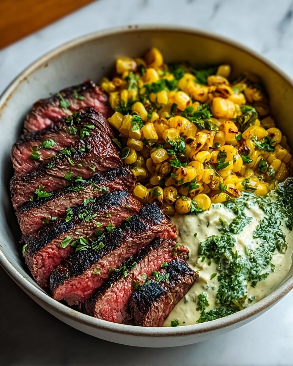 A white bowl holds a colorful meal with four main parts arranged separately. On the bottom left, there are evenly cut slices of medium-rare steak showing a pink center with a dark brown, grilled crust. Above the steak, there are two halves of bright green avocado sprinkled with small bits of herbs. To the top right of the bowl, there is a generous portion of grilled corn kernels, golden yellow with some charred dark spots, mixed with fresh green herbs. Finally, on the bottom right, there is a creamy, light green sauce with visible chopped herbs swirled smoothly in the bowl. The background is a white marbled texture. photo taken with an iphone --ar 4:5 --v 7