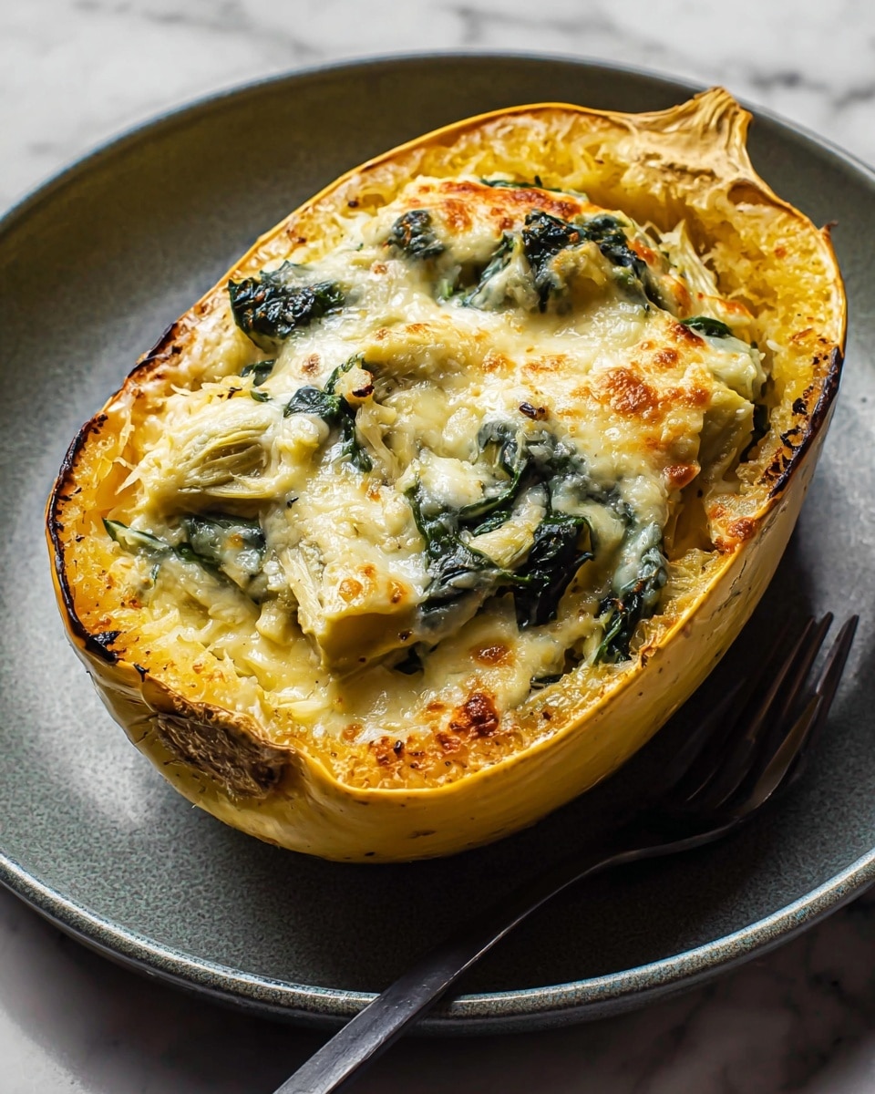 A halved spaghetti squash is filled with a creamy, baked mixture of light golden melted cheese, soft artichoke hearts, and dark green spinach leaves. The top layer is bubbly and slightly browned in spots, showing a mix of melted cheese and cooked greens. The squash shell is golden yellow and curved, holding all the filling inside. The dish is placed in a gray bowl, which rests on a white marbled surface. photo taken with an iphone --ar 4:5 --v 7