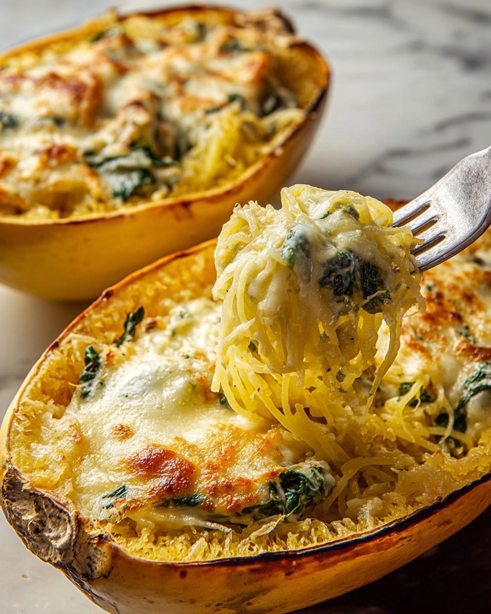 The image shows two halves of a roasted spaghetti squash filled with creamy pasta. One half is in the foreground, with a layer of melted cheese and spinach on top that is golden and bubbly, covering the yellow spaghetti strands inside. A fork lifts a portion of the spaghetti noodles mixed with melted cheese and spinach, showing the stringy texture of the pasta and the creamy sauce clinging to it. The other half is blurred in the background, also filled with the same pasta and topped with bubbly cheese and spinach. Both halves rest on a white marbled surface. Photo taken with an iphone --ar 4:5 --v 7