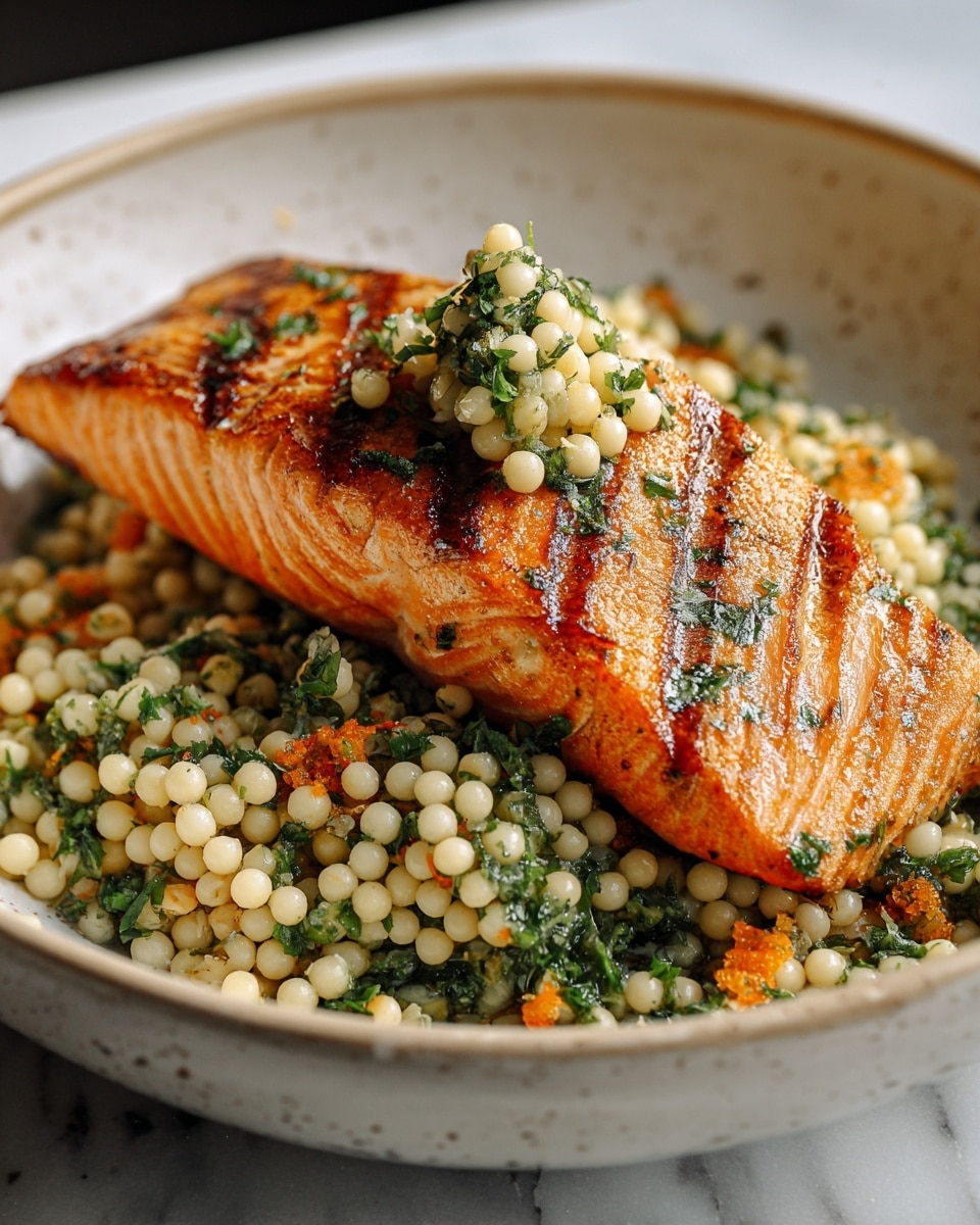 A shallow bowl holds a dish with two main layers: the bottom layer is a bed of small, round pale yellow couscous mixed with green herbs and tiny orange carrot pieces, creating a speckled texture. On top sits a thick, grilled salmon fillet with a bright orange color, marked by crisp grill lines and flecks of green herbs on its surface. The salmon is garnished with a small mound of the couscous and herbs, adding a fresh touch. The bowl is white with a slightly speckled interior, all placed on a white marbled surface. photo taken with an iphone --ar 4:5 --v 7