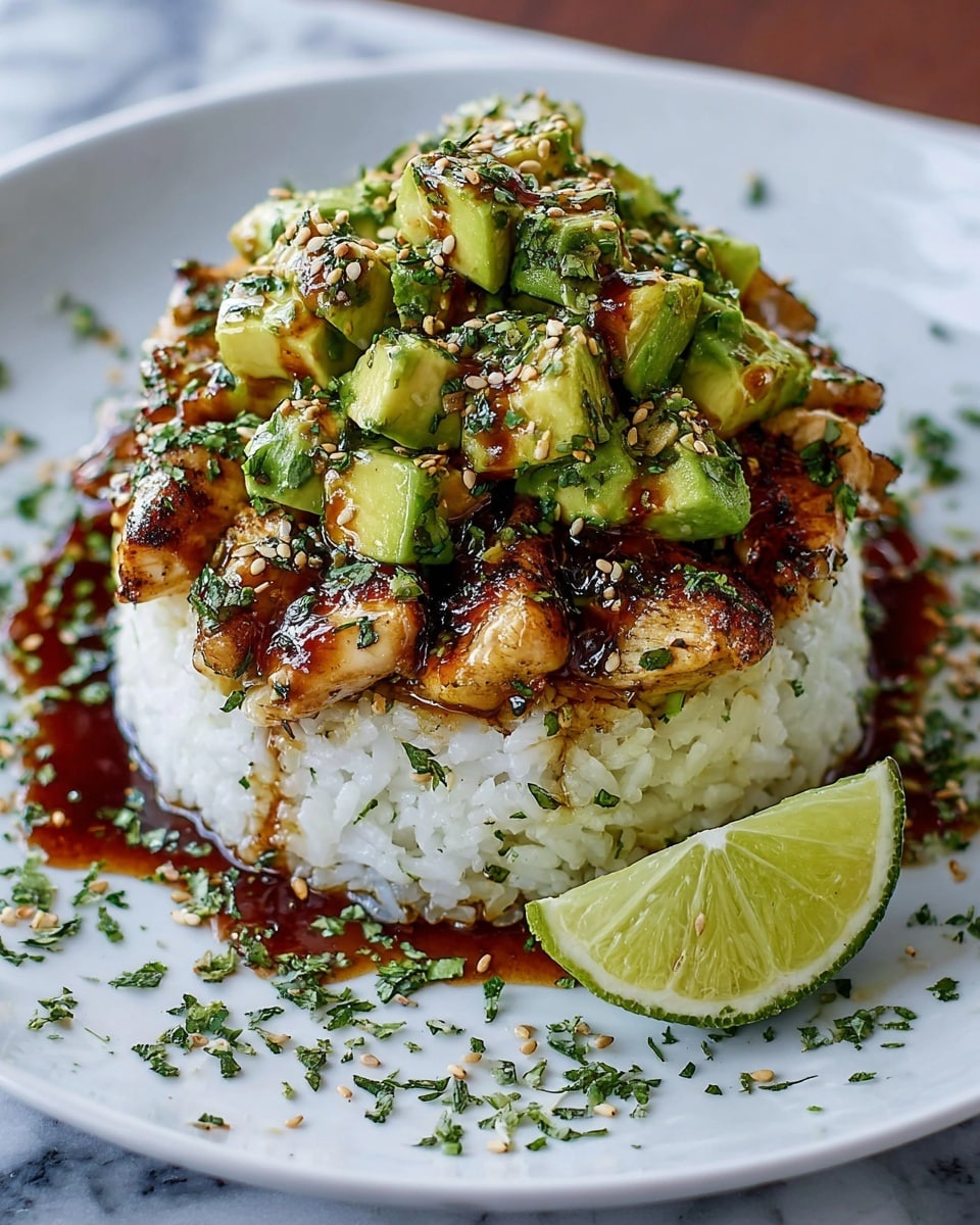 A round base layer of white rice packed tightly forms the bottom of the dish on a white plate, surrounded by a pool of golden-brown sauce mixed with small bits of green herbs and sesame seeds. On top of the rice, there are bite-sized pieces of grilled chicken with a dark brown caramelized exterior. The top layer consists of chunky green avocado cubes mixed with fresh chopped herbs, all lightly coated in a shiny glaze that drips down slightly onto the chicken and rice. A wedge of lime is placed on the side of the plate on a white marbled surface. photo taken with an iphone --ar 4:5 --v 7