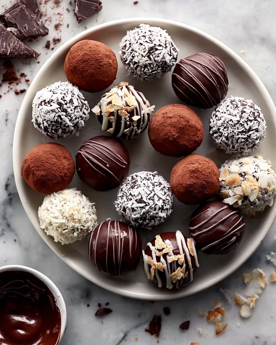 A round white plate holds about sixteen chocolate truffles arranged loosely, each truffle about the size of a small ball. There are dark brown truffles dusted with cocoa powder, smooth dark chocolate truffles with thin lines of lighter chocolate drizzle, and dark chocolate ones covered in white shredded coconut. A few truffles are coated in white chocolate with light brown chocolate drizzle and some coconut flakes. The plate sits on a white marbled surface with bits of broken chocolate and a small white bowl filled with melted dark chocolate near the bottom left corner. The lighting softly highlights the shiny and powdery textures of the truffles. photo taken with an iphone --ar 4:5 --v 7