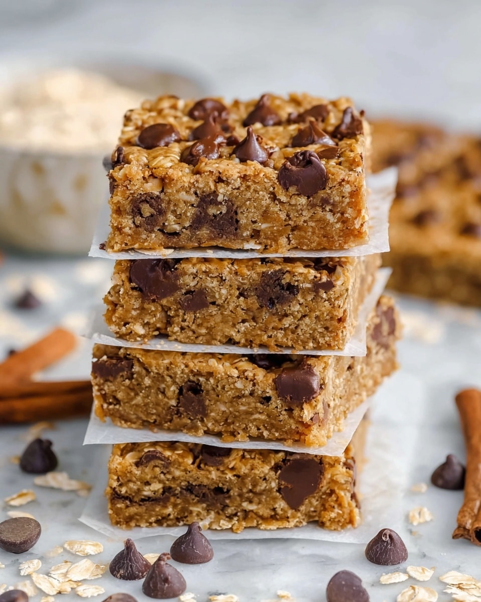The image shows several square oat bars with chocolate chips scattered within them, each piece having a rough, crumbly texture. The bars are light golden-brown with darker chocolate chips embedded throughout, and one bar in the front has a bite taken out of it, revealing the chewy inside. The bars rest on pieces of white parchment paper on a white marbled surface, with a few loose chocolate chips and oat flakes scattered around. A cinnamon stick lies to the right side of the closest bar. Photo taken with an iphone --ar 4:5 --v 7