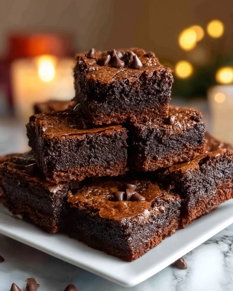 A stack of six brownies arranged in a pyramid shape on a white square plate set on a white marbled surface. The brownies have a dark brown, rich, and slightly shiny top crust with a textured, moist, and dense interior visible on the sides. Some chocolate chips are scattered on and around the surface of the brownies, adding extra texture. The background is blurred with warm, soft candle lights creating a cozy atmosphere. Photo taken with an iphone --ar 4:5 --v 7