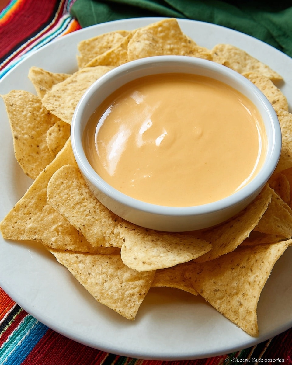 A white bowl filled with smooth, light orange cheese sauce sits at the center, surrounded by pale yellow corn tortilla chips. One pale yellow tortilla chip is dipped halfway into the cheese sauce, showing the shiny, creamy texture clinging to it. The background features a white marbled surface with parts of a red, blue, and orange striped cloth visible at the top. A woman's hand holds the dipped chip above the bowl. Photo taken with an iphone --ar 4:5 --v 7