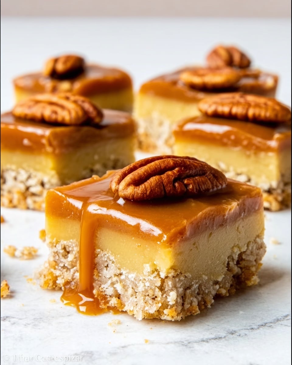 The image shows several square bars arranged on a white marbled surface, each with three layers: a crumbly, pale yellow base with a rough texture, a smooth, shiny caramel layer in the middle, and a whole pecan nut placed neatly on top of the caramel. The bars are close together, with the focus on the front pieces, showing the gooey caramel dripping slightly over the edges of the base. The background is softly blurred, emphasizing the texture and color contrast of the bars. Photo taken with an iphone --ar 4:5 --v 7